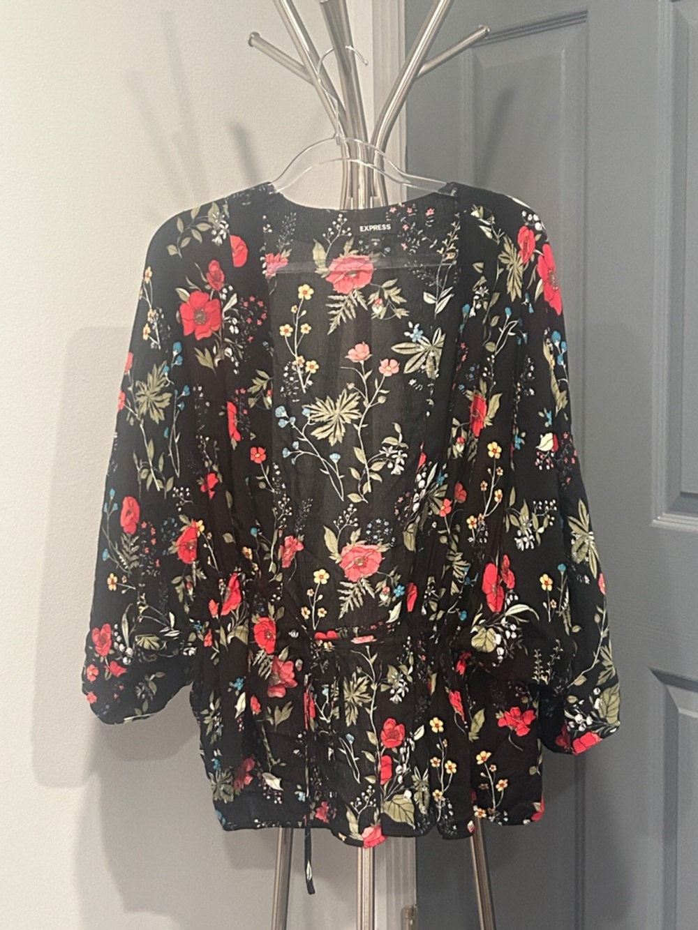 Express Black Floral Kimono Blouse - Red & Green Print